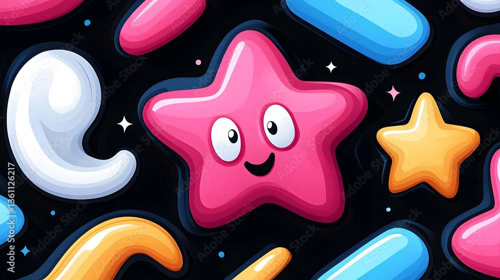 Playful Pink And White Star Pattern With Geometric Shapes On Black Background Playful Pink And White Star Pattern With Geometric Shapes On Black Background