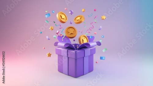 3D illustration of a purple gift box bursting open with golden coins, stars, and colorful confetti, symbolizing rewards, bonuses, and surprises.