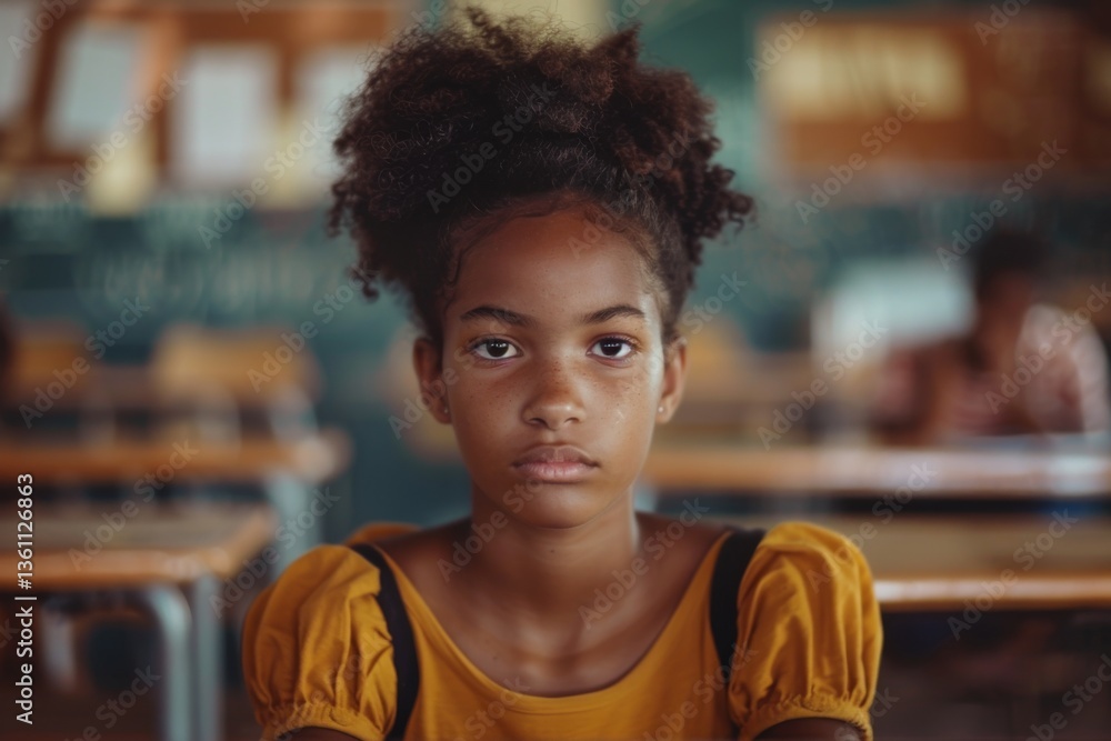 Cute little African American girl in blurred classroom looking at camera Cute little African American girl in blurred classroom looking at camera
