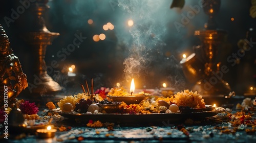 A captivating scene of a traditional Hindu puja, featuring a brass thali laden with flowers, incense, and a lit diya. The warm glow and mystical ambiance evoke serenity and spirituality.