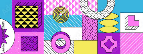 colorful memphis retro vibrant geometric abstract background with shapes and patterns vector illustration