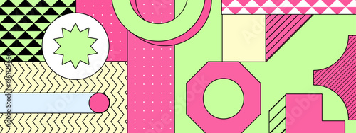 colorful abstract composition featuring geometric shapes and various patterns dynamic design memphis vector illustration