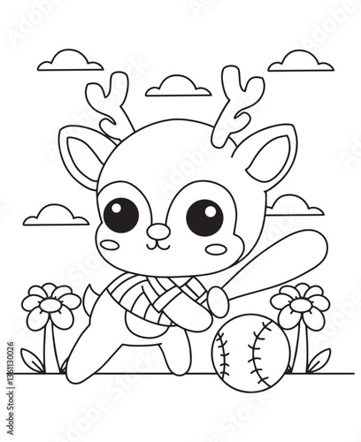 Coloring book deer playing baseball with a bat and ball among flowers and cloud