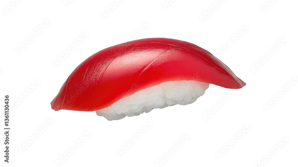 Fresh Piece of Sushi with Bright Red Tuna on a Bed of Sticky Rice Isolated on White Background Fresh Piece of Sushi with Bright Red Tuna on a Bed of Sticky Rice Isolated on White Background