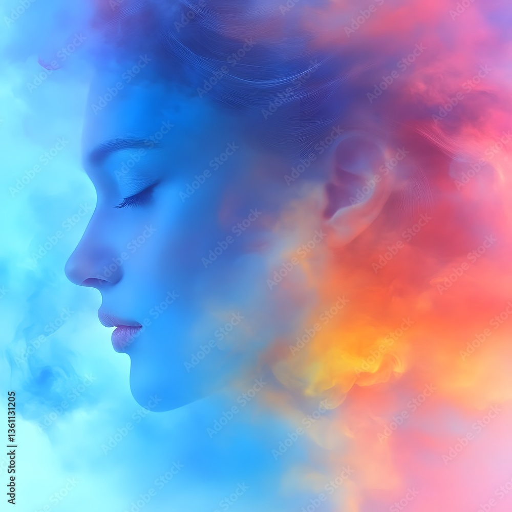 Serene woman's face merges with vibrant sky clouds Serene woman's face merges with vibrant sky clouds