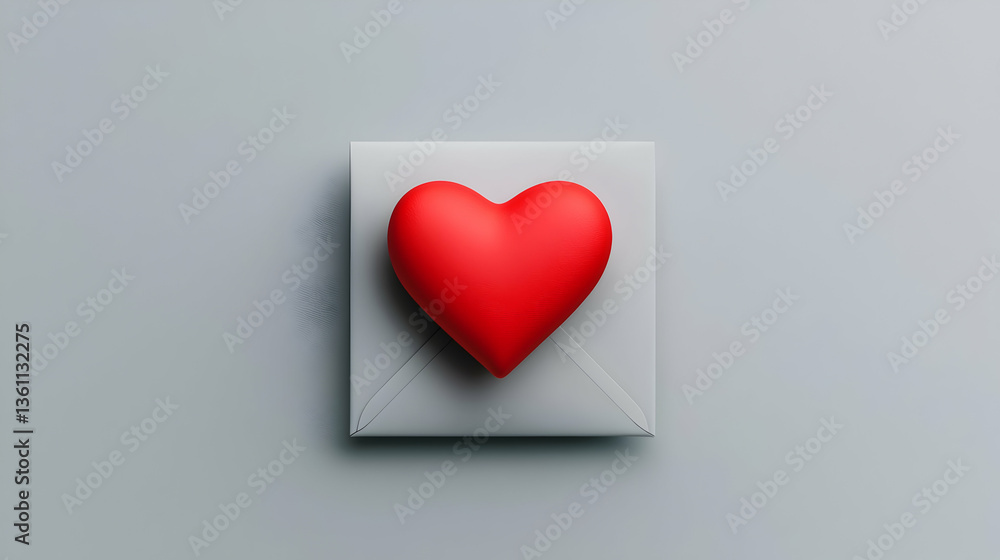 Red Heart on a Polka Dot Envelope on Gray Background Red Heart on a Polka Dot Envelope on Gray Background