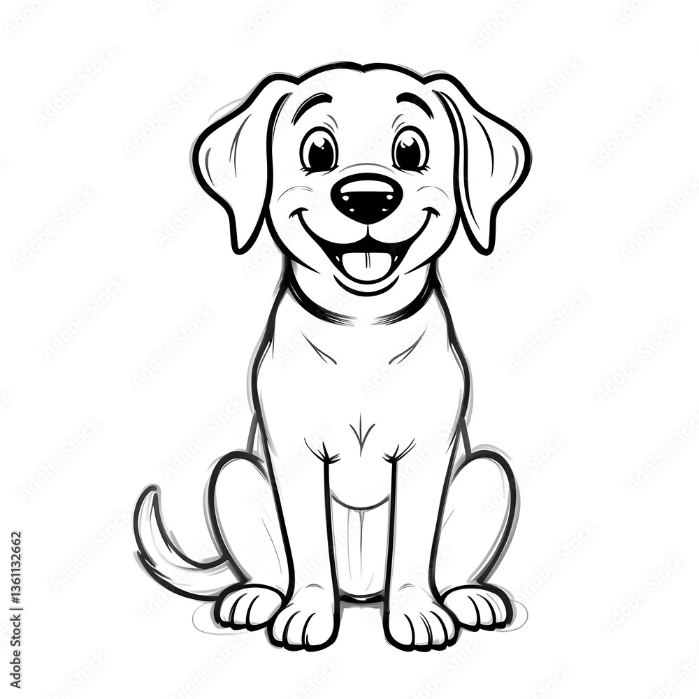 Fototapeta premium Adorable Happy Labrador Retriever Puppy Cartoon Illustration A cheerful canine friend sitting pretty, black and white line art