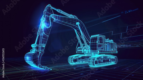 Excavator wire-frame grid futuristic design concept vector illustration