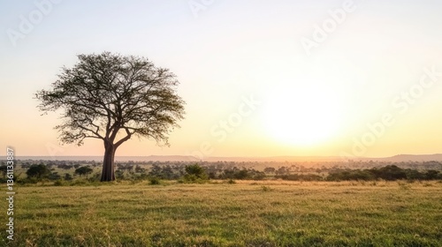 Serene African Savanna Sunset  Lone Tree  Grassland Panorama
