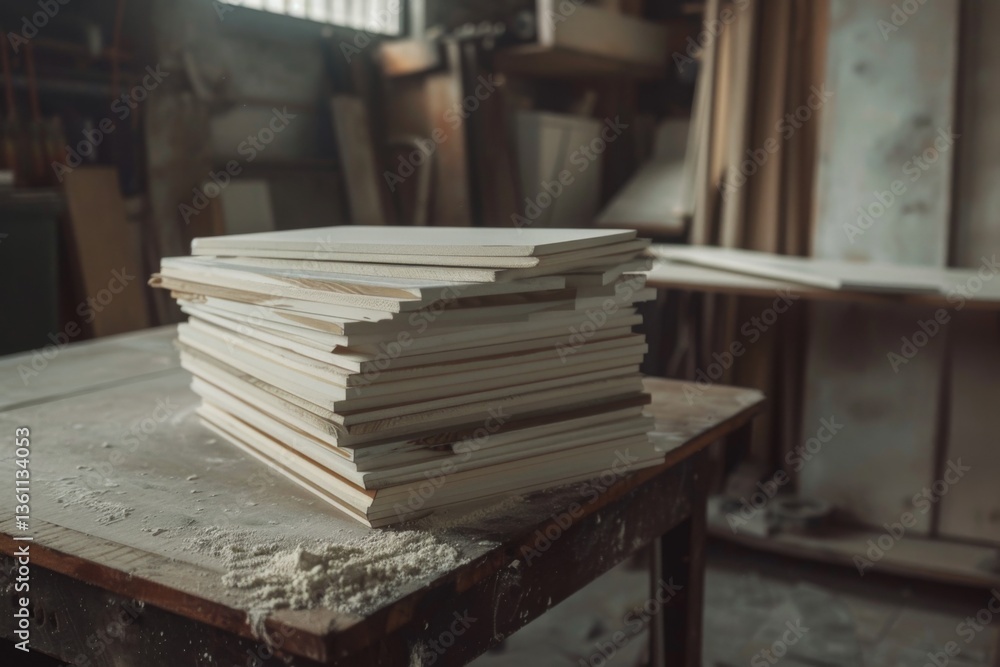 High angle shot shows a stack of white plywood boards neatly arranged on a workshop table with sawdust High angle shot shows a stack of white plywood boards neatly arranged on a workshop table with sawdust