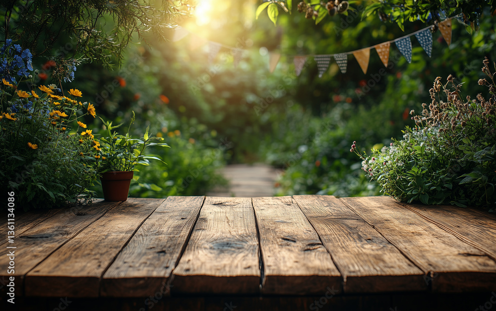 A rustic wooden table sits in a lush garden filled with blooming flowers, with a warm sunlight filtering through the trees. A rustic wooden table sits in a lush garden filled with blooming flowers, with a warm sunlight filtering through the trees.