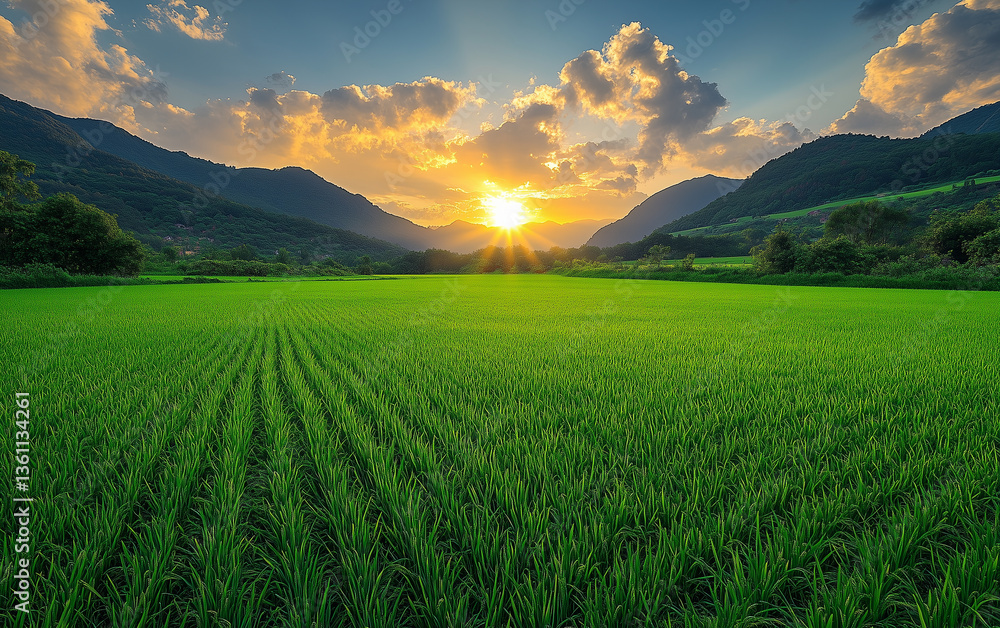 Fototapeta premium the Sun casts golden rays over lush green rice terraces, with the mountains forming a breathtaking backdrop. The vibrant landscape captures the peaceful beauty of rural farming and nature at its peak.