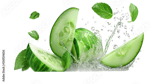 Fresh Green Cucumber Slices Flying Through Splashing Water with Mint Leaves and Bubbles