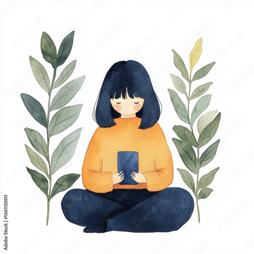 A serene illustration of a girl in an orange sweater sitting cross-legged, holding a smartphone, surrounded by green leaves. A serene illustration of a girl in an orange sweater sitting cross-legged, holding a smartphone, surrounded by green leaves.