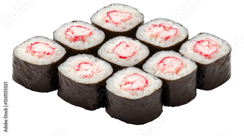 Delicious sushi rolls arranged neatly on a white background showcasing vibrant colors and textures