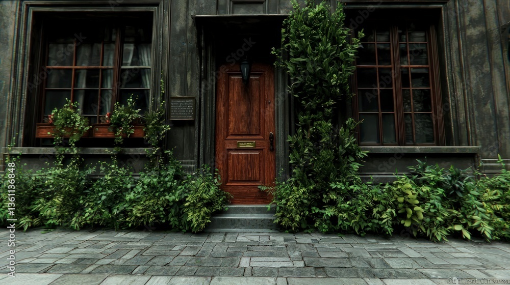 Charming Classic Building Facade Intricate Windows Lush Greenery Stone Steps Door Ar Charming Classic Building Facade Intricate Windows Lush Greenery Stone Steps Door Ar