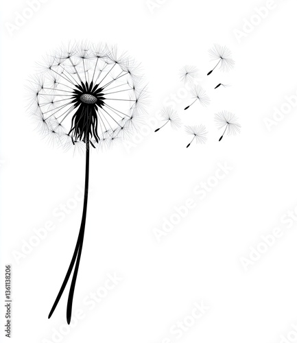 Wallpaper Mural Dandelion seed head, simple black and white illustration, blowing in the wind Torontodigital.ca