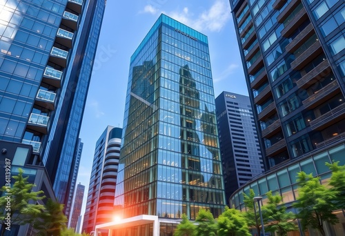 Eco-friendly glass office tower in urban setting, glass facade, urban design