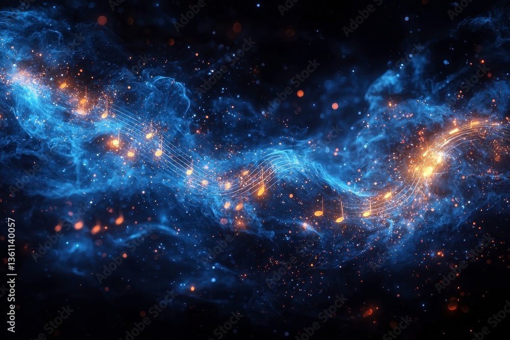 Fototapeta premium Abstract Cosmic Music Visualization with Bright Notes and Glowing Particles in a Dark Background, Representing Sound Waves and Vibrations in a Celestial Environment