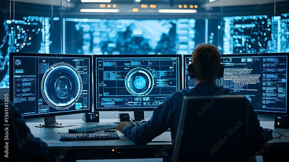 Obraz premium A high tech control room with multiple screens and advanced data visualization tools used to monitor and manage an autonomous spacecraft hibernation system