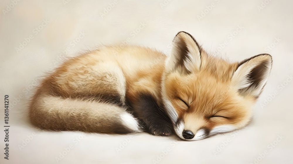 Sleeping Baby Fox Curled in a Soft Furry Ball on Neutral Background Sleeping Baby Fox Curled in a Soft Furry Ball on Neutral Background