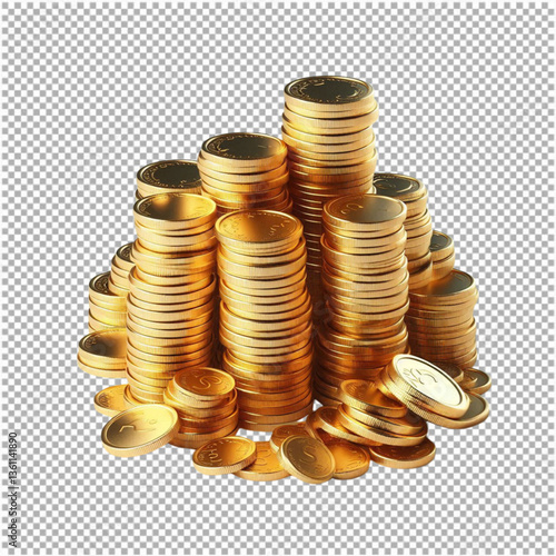 stack of gold coins, gold coin money 3d currency isolated on transparent background.