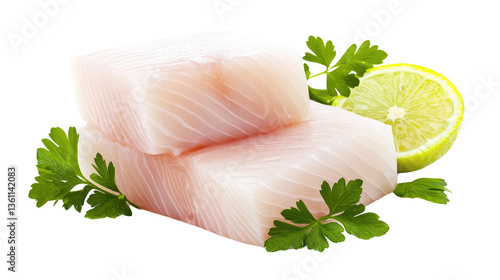 Fresh Fish Fillets with Bright Lemon Slice and Green Herb Garnish Perfect for Culinary Presentations