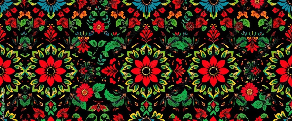 Intricate floral and geometric folk art pattern, vibrant colors, seamless repeat, ornate, background Intricate floral and geometric folk art pattern, vibrant colors, seamless repeat, ornate, background