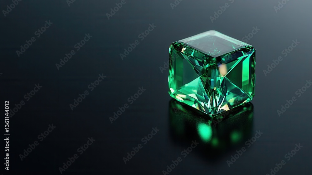 Shiny Green Gemstone on Reflective Surface in Soft Light Shiny Green Gemstone on Reflective Surface in Soft Light