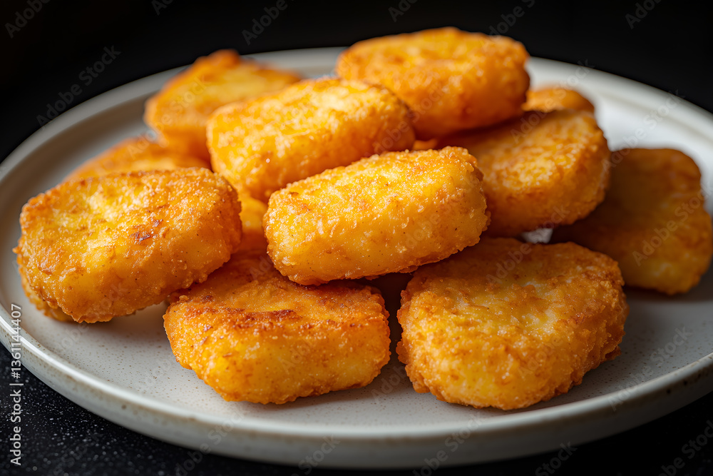 A serving of chicken nuggets with a crunchy golden-brown coating, placed elegantly on a simple white plate, A serving of chicken nuggets with a crunchy golden-brown coating, placed elegantly on a simple white plate,