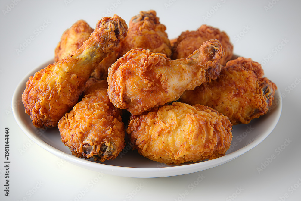 A plate of crispy golden fried chicken on a plain white dish, accompanied by a small dipping sauce cup, placed on a pure white background. A plate of crispy golden fried chicken on a plain white dish, accompanied by a small dipping sauce cup, placed on a pure white background.