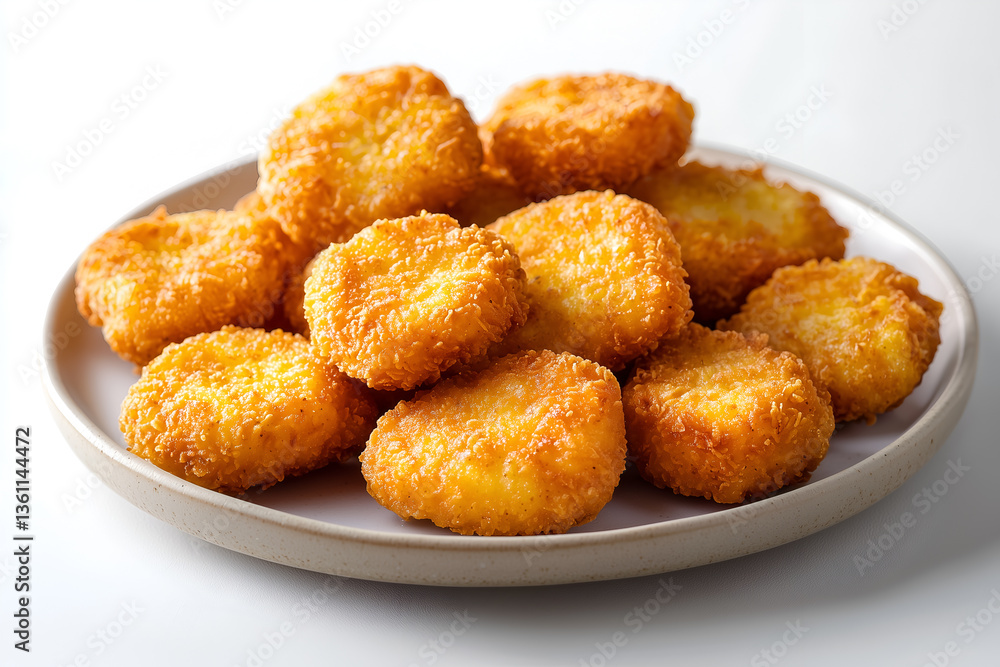 A plate of crispy golden chicken nuggets, neatly arranged on a plain white dish, set against a pure white studio background A plate of crispy golden chicken nuggets, neatly arranged on a plain white dish, set against a pure white studio background