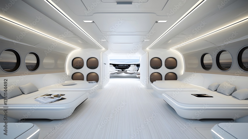 A modern and minimalist spaceship interior featuring a symmetrical arrangement of white pods resembling a honeycomb pattern A modern and minimalist spaceship interior featuring a symmetrical arrangement of white pods resembling a honeycomb pattern
