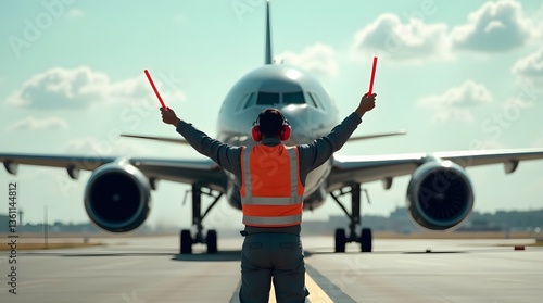 Airport Ground Crew Directing Commercial Airplane, Back view of aviation marshaller directing aircraft landing