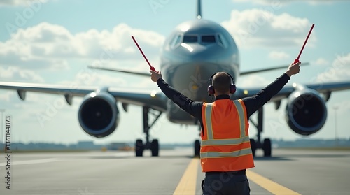 Airport Ground Crew Directing Commercial Airplane, Back view of aviation marshaller directing aircraft landing