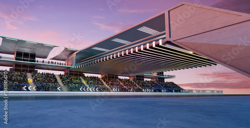 3D Futuristic racetrack with spectators at sunset with modern grandstand architecture