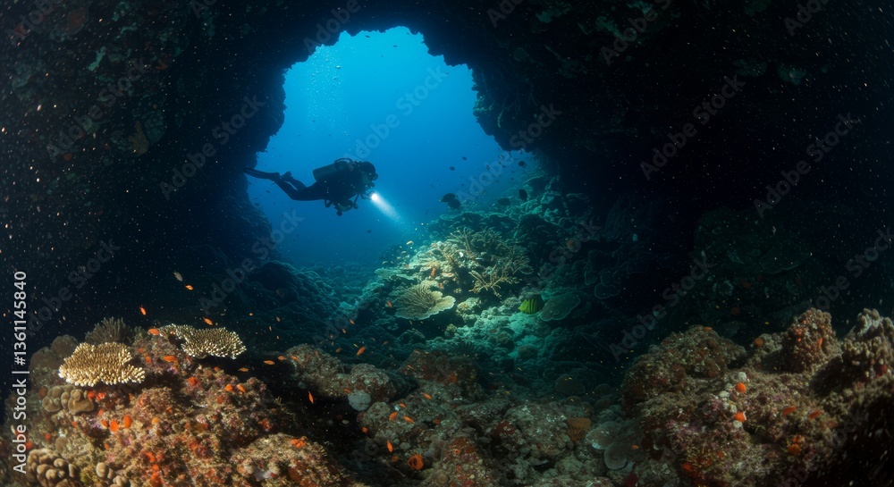 Fototapeta premium Underwater Scuba Diver Exploring Vibrant Coral Reef Cave Ocean Scene