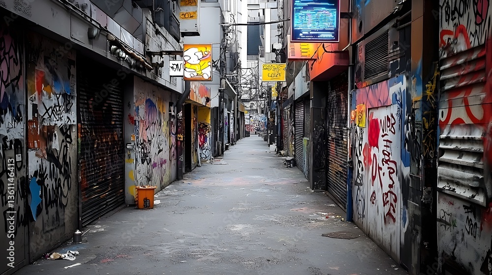 Fototapeta premium A narrow dimly lit alleyway surrounded by graffiti covered walls and dark shadows conveying an atmospheric ambiance in the heart of a gritty city