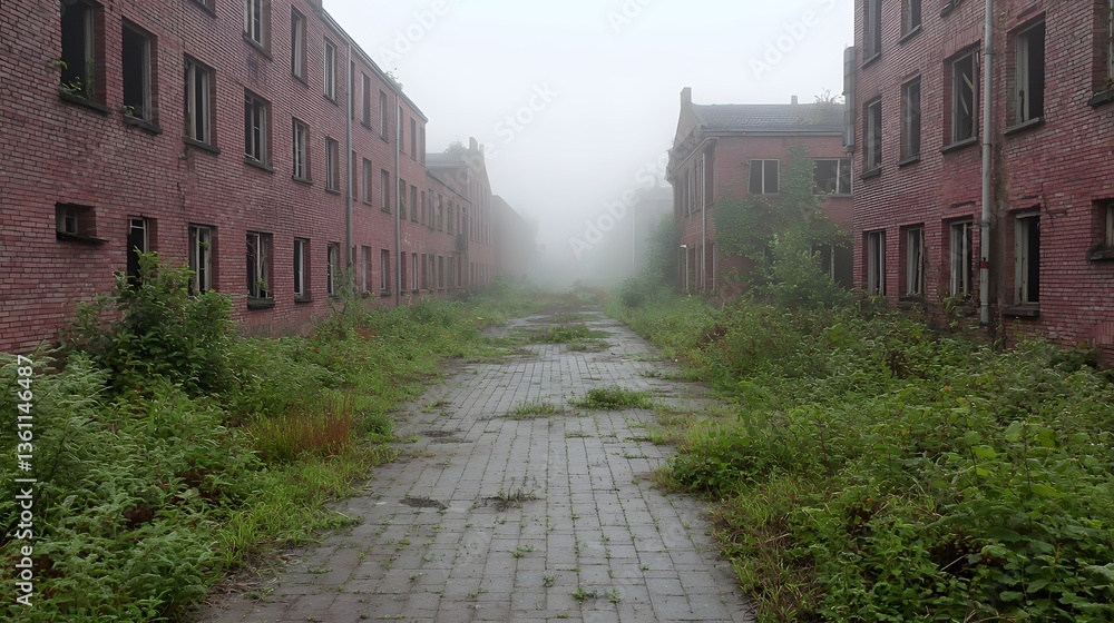 A once thriving urban area now abandoned and reclaimed by nature with dilapidated buildings and a path winding through the overgrown vegetation under a veil of eerie fog A once thriving urban area now abandoned and reclaimed by nature with dilapidated buildings and a path winding through the overgrown vegetation under a veil of eerie fog
