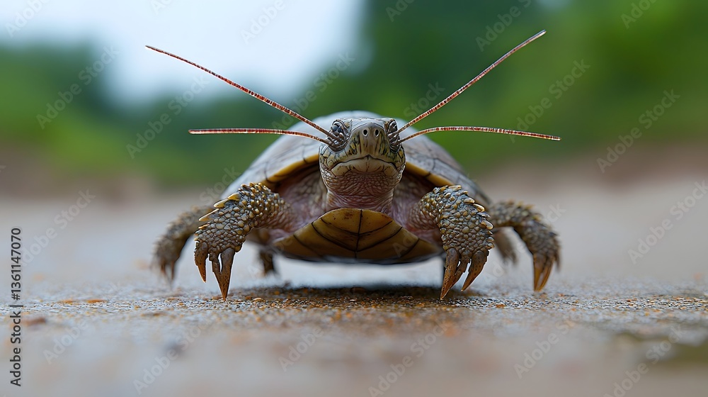 A peculiar crustacean like insect emerges from its intricate shell featuring long protruding antennae and a complex textured exoskeleton A peculiar crustacean like insect emerges from its intricate shell featuring long protruding antennae and a complex textured exoskeleton