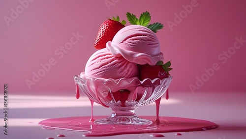 Strawberry dessert creation with ice cream scoops in a charming glass bowl
