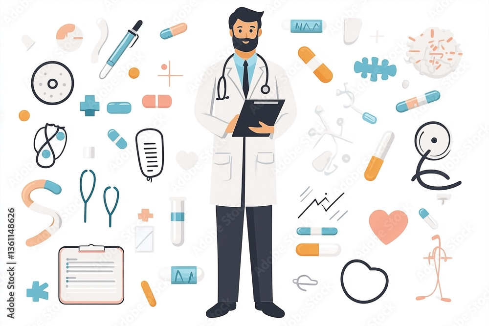 A vector illustration of a doctor with various medical icons surrounding him A vector illustration of a doctor with various medical icons surrounding him