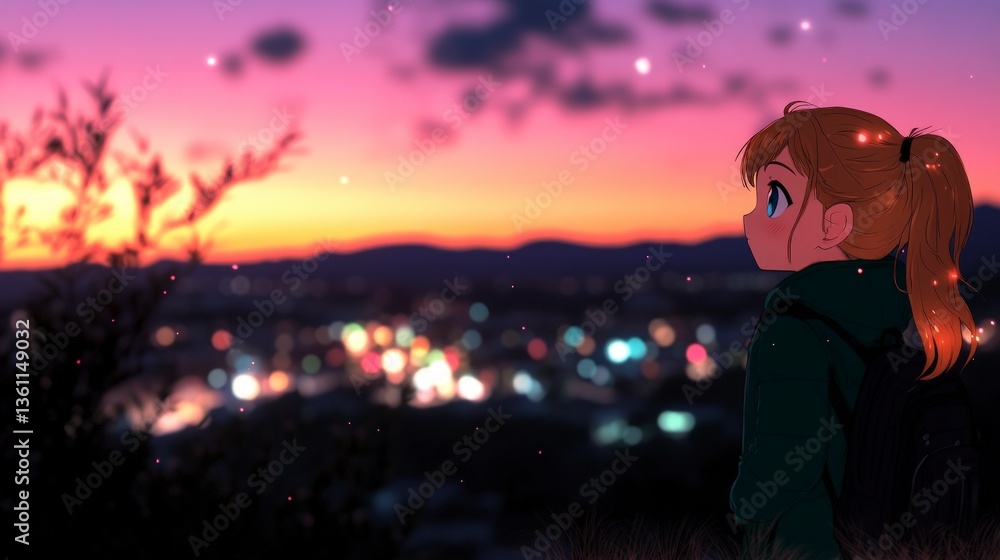 Naklejka premium Girl Watching Sunset over City Lights Anime Style Illustration