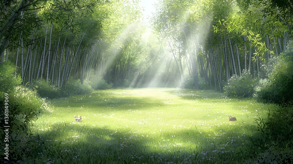 Fototapeta premium A serene and lush bamboo forest bathed in dappled sunlight creating a tranquil and inviting atmosphere for and relaxation