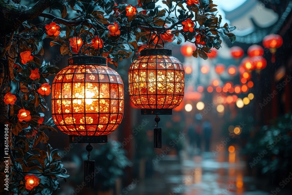 Fototapeta premium Beautifully Illuminated Traditional Lanterns Hanging in a Charming Asian Street, Surrounded by Lush Foliage and a Mysterious Atmosphere on a Rainy Night
