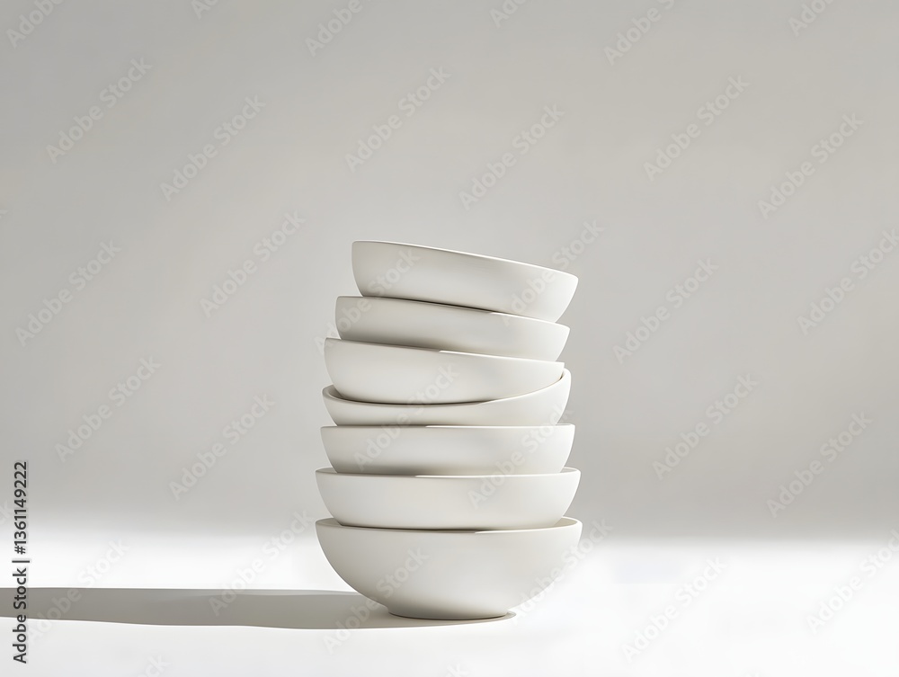 Neatly Stacked White Ceramic Bowls on Plain Background Neatly Stacked White Ceramic Bowls on Plain Background