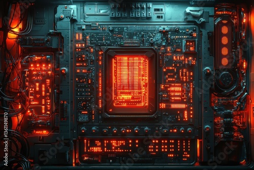 Wallpaper Mural Intricate Close-Up of a Computer Circuit Board with Vibrant Red Lighting, Showcasing Advanced Technology and Electronic Components in a Futuristic Setting Torontodigital.ca