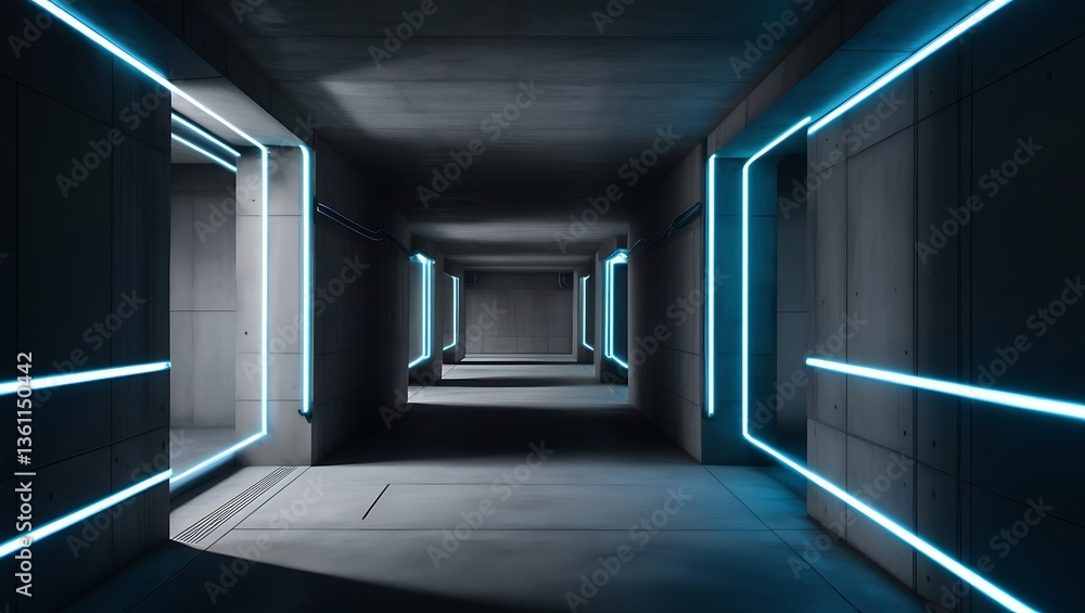 Obraz premium Empty room abstract illuminated empty corridor interior made of gray concrete, glowing blue lines with shadow