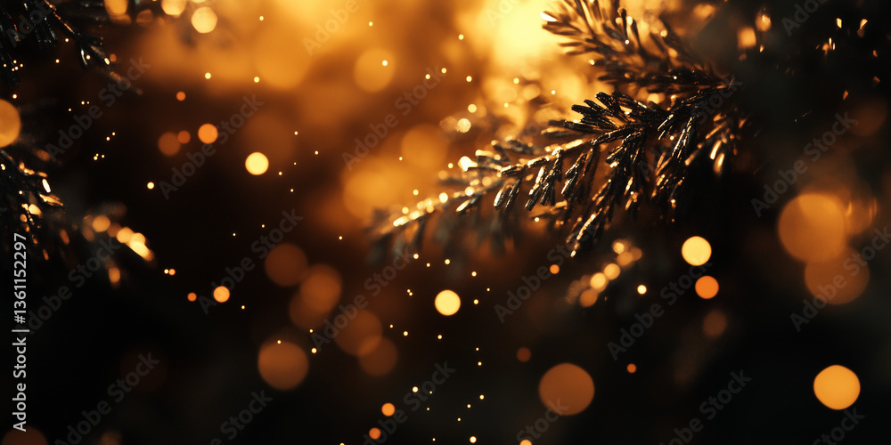 A close-up of a pine branch with sparkling lights in the background. A close-up of a pine branch with sparkling lights in the background.