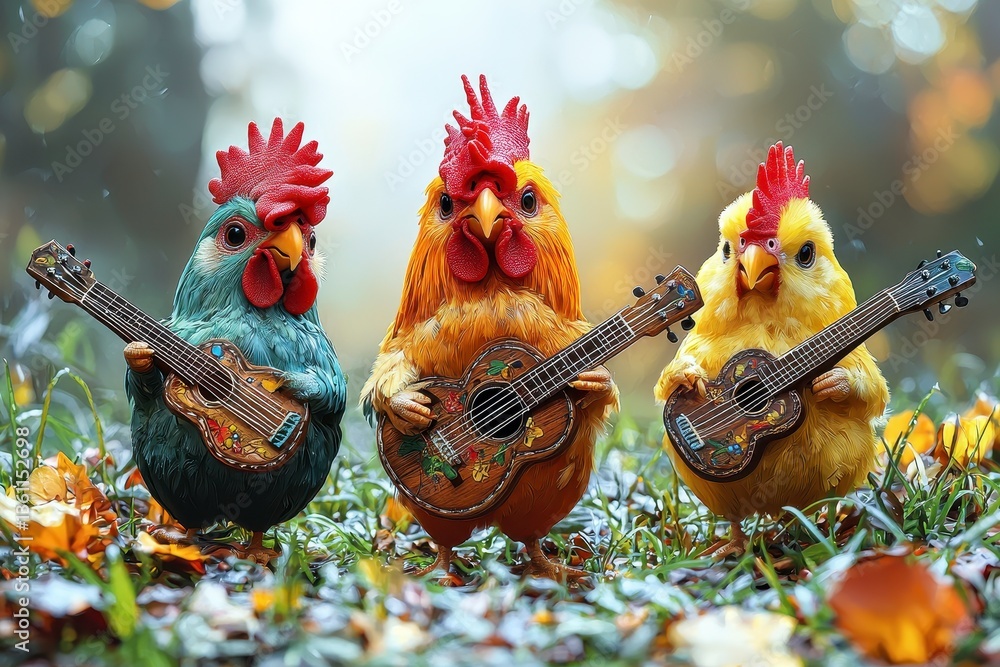 custom made wallpaper toronto digitalColorful Chickens Playing Guitars in Autumn Forest Surrounded by Leaves, Creating a Playful and Whimsical Atmosphere for Fun and Imagination